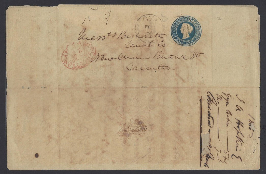 India QV 1/2a lettersheet used 1865 Gya to New China Bazar Calcutta