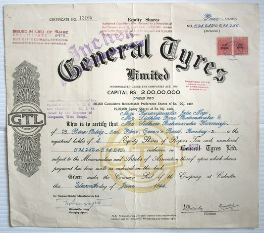India Incheck Tyres (General Tyres) Ltd.1964 share certificate