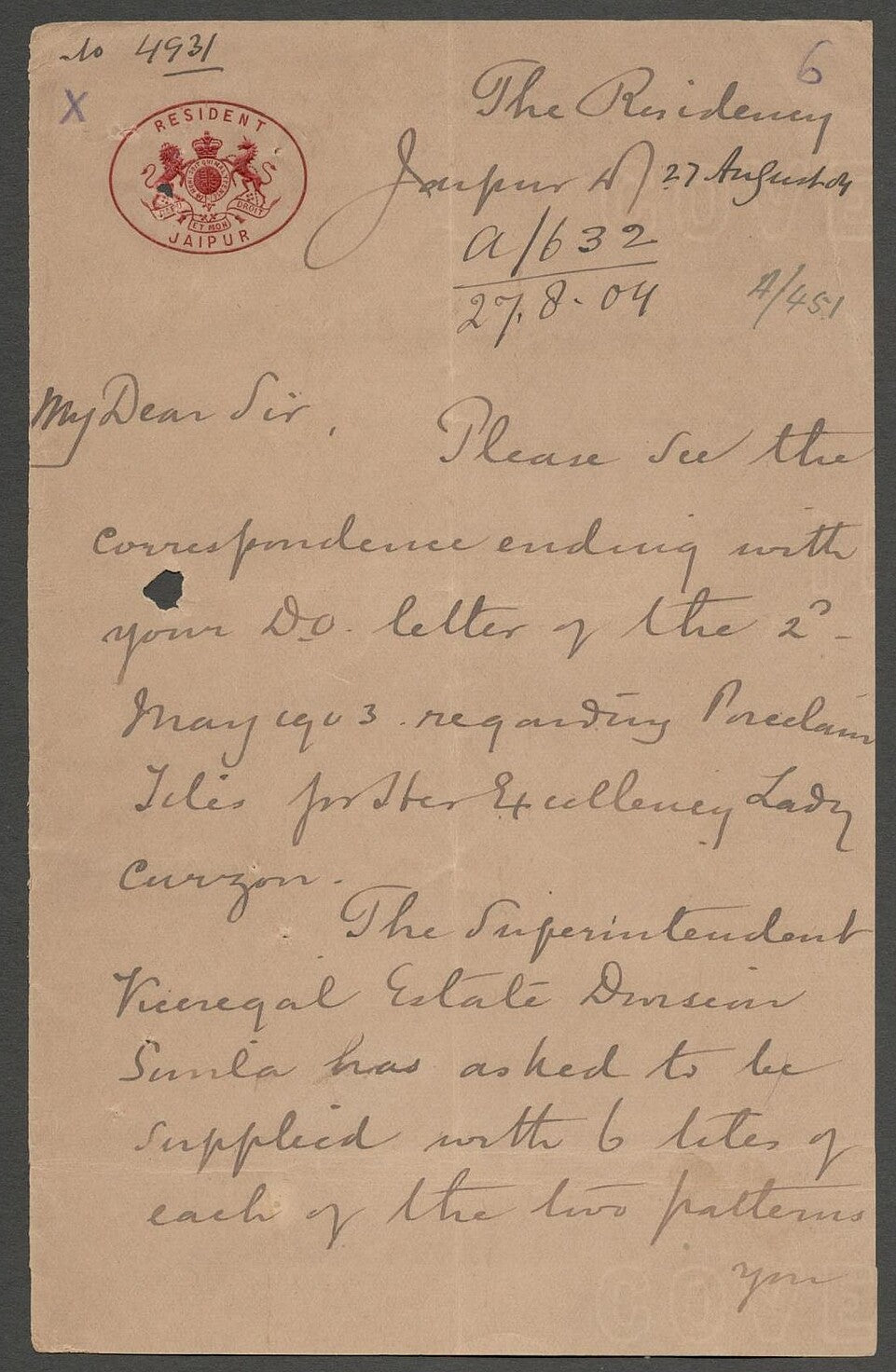AOP India Jaipur State crested signed letter 1904 RESIDENT JAIPUR