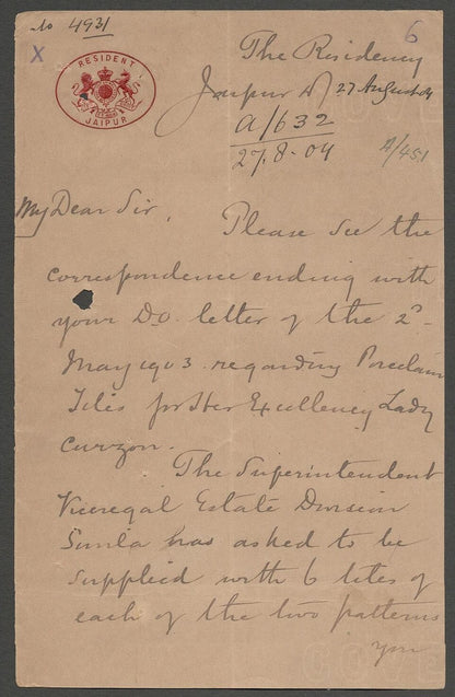 AOP India Jaipur State crested signed letter 1904 RESIDENT JAIPUR