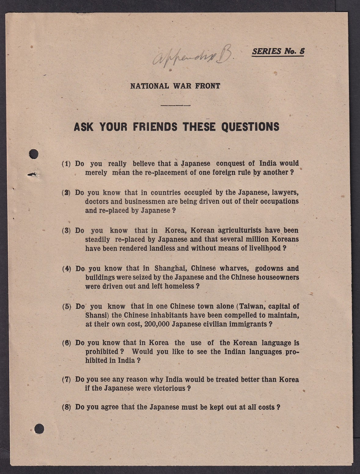India World War 2 National War Front ANTI JAPAN propaganda sheet