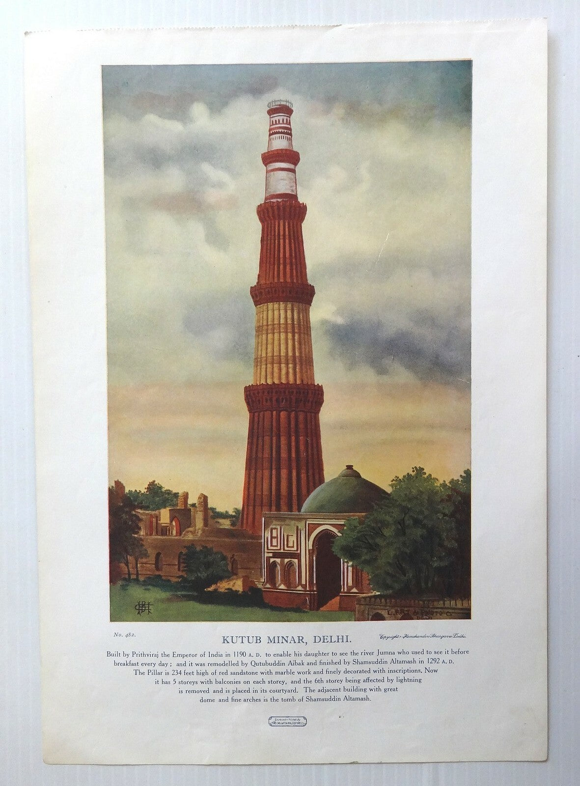 India vintage poster KUTUB MINAR, HEM CHANDER BHARGAVA 10” x 14.2”
