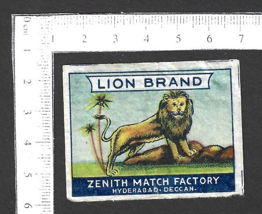 India VINTAGE matchbox label - LION BRAND by Zenith Match Factory, Hyderabad
