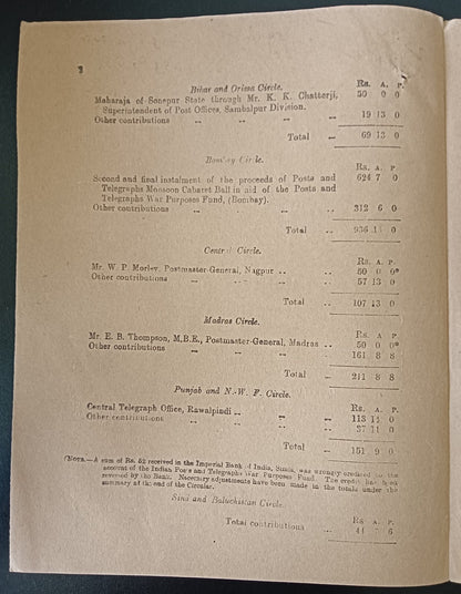 India POSTAL CIRCULAR No. 1 12th Oct. 1942 War Purposes Fund, etc.