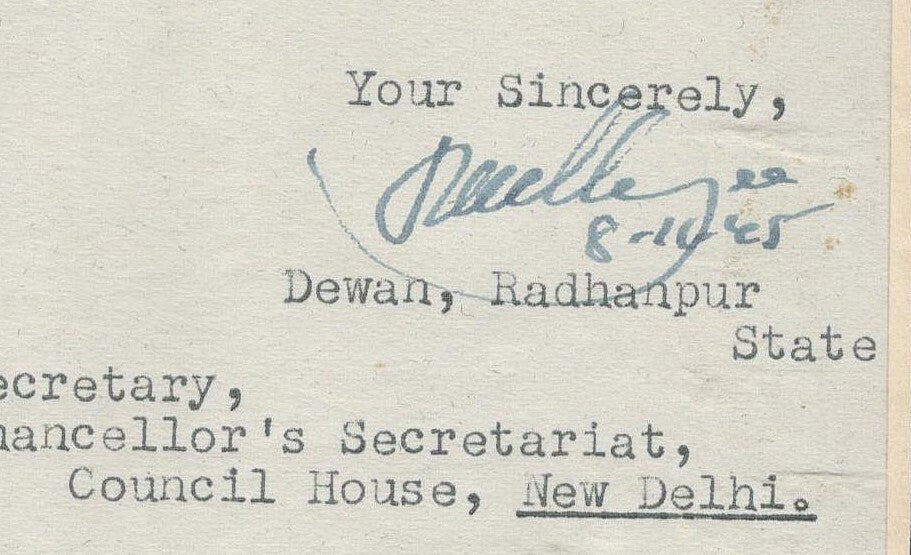 India 1945 crested letter DEWAN OFFICE / RADHANPUR signed