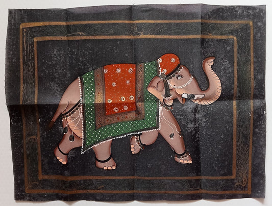 India vintage hand painting on cloth RAJAH ON ELEPHANT 9 x 12 inches