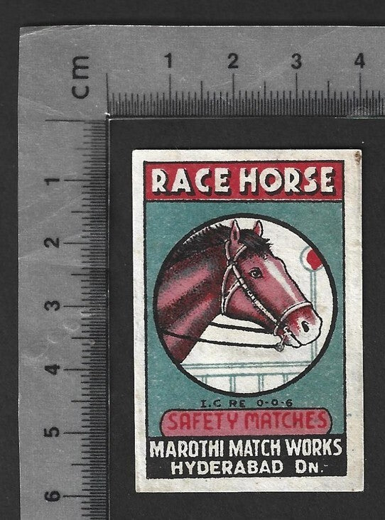 AOP India vintage matchbox label RACE HORSE by Marothi Match Works, Hyderabad Dn
