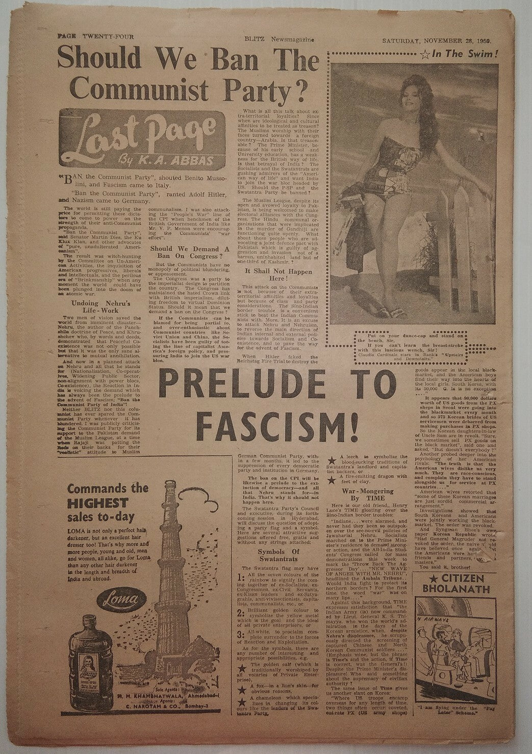 India Blitz November 1959 Prelude to Fascism!