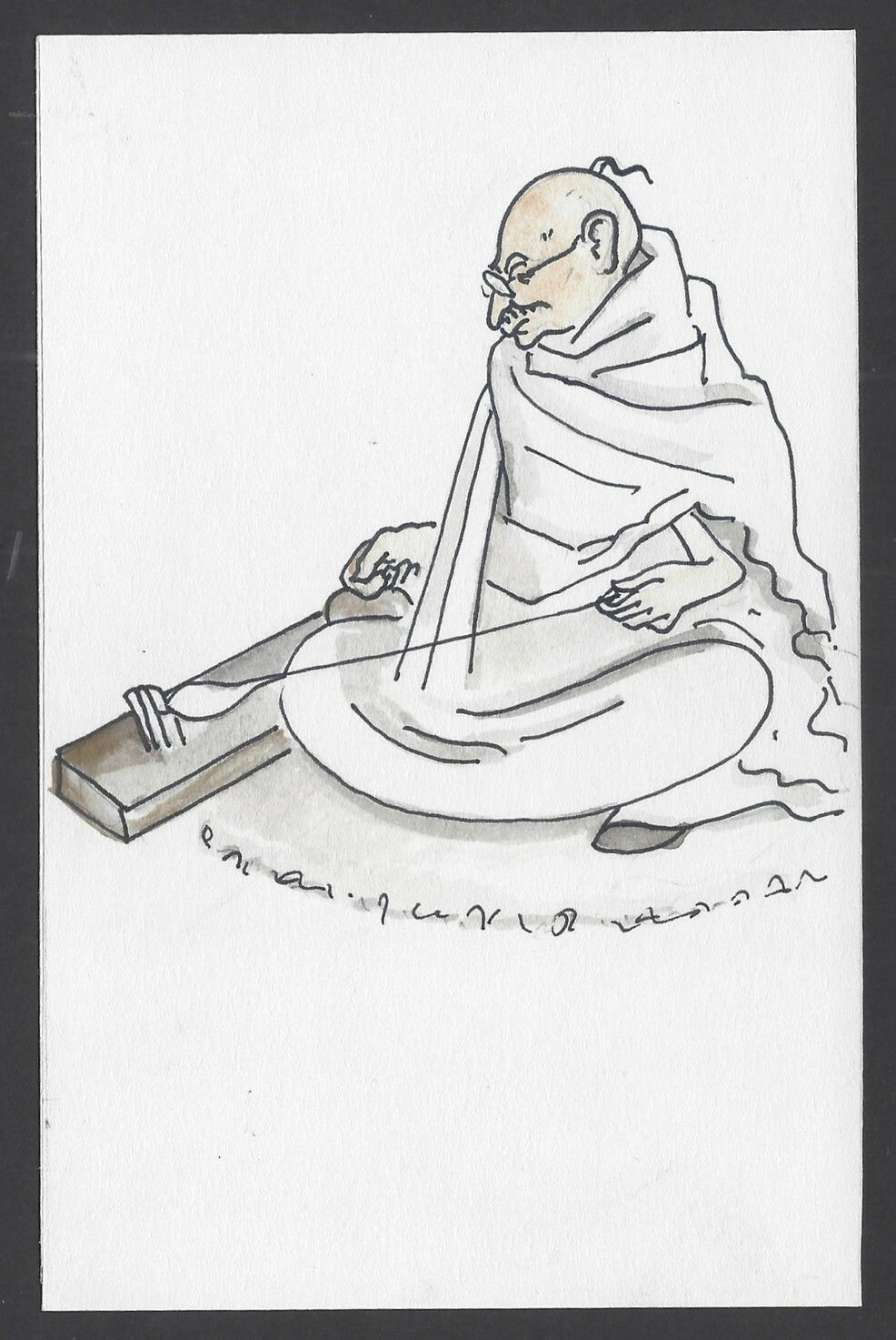 India Gandhi handpainted postcard GANDHI SPINS