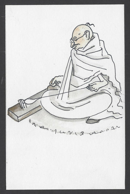India Gandhi handpainted postcard GANDHI SPINS
