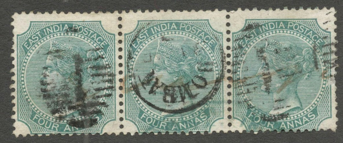 AOP ZAZ India QV 1866 4a deep green Die 1 used strip of 3 SG 70 £19.50++