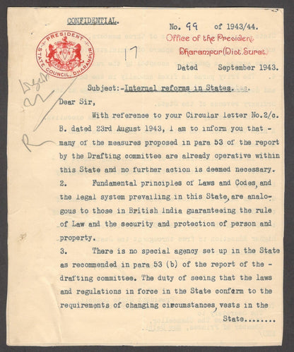 India 1943 crested letter PRESIDENT * STATE COUNCIL, DHARAMPUR