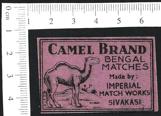 India vintage 1940s-50s matchbox label CAMEL BRAND