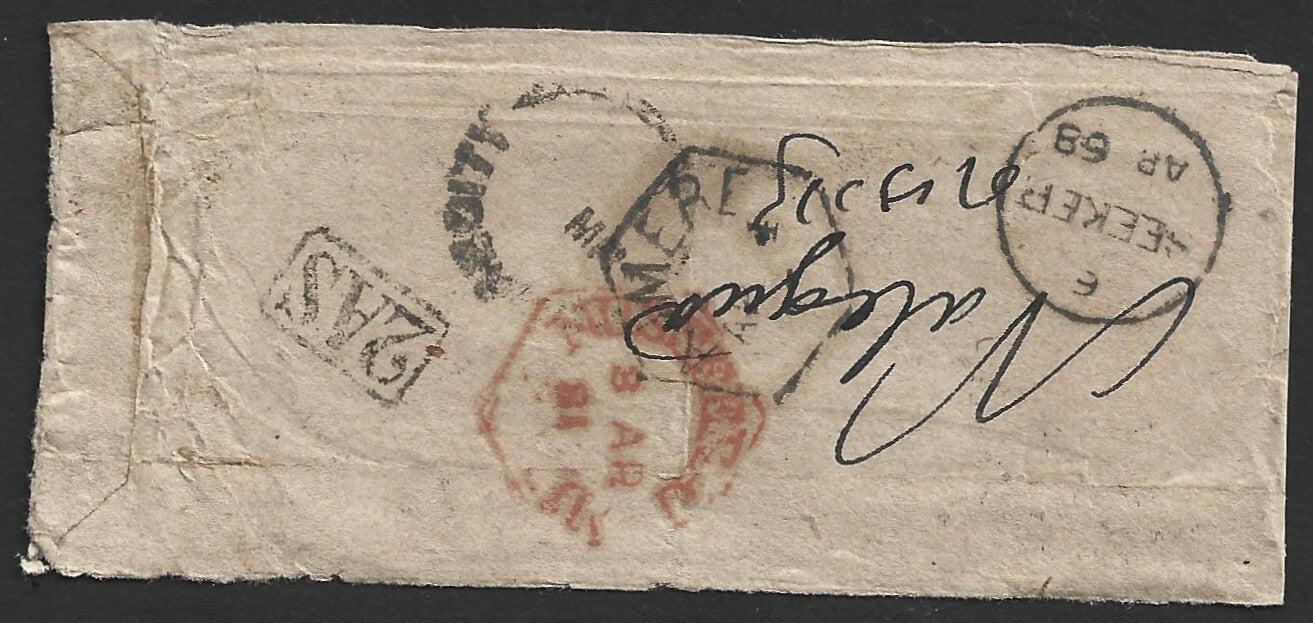 India 1868 stampless cover with boxed "2AS", etc