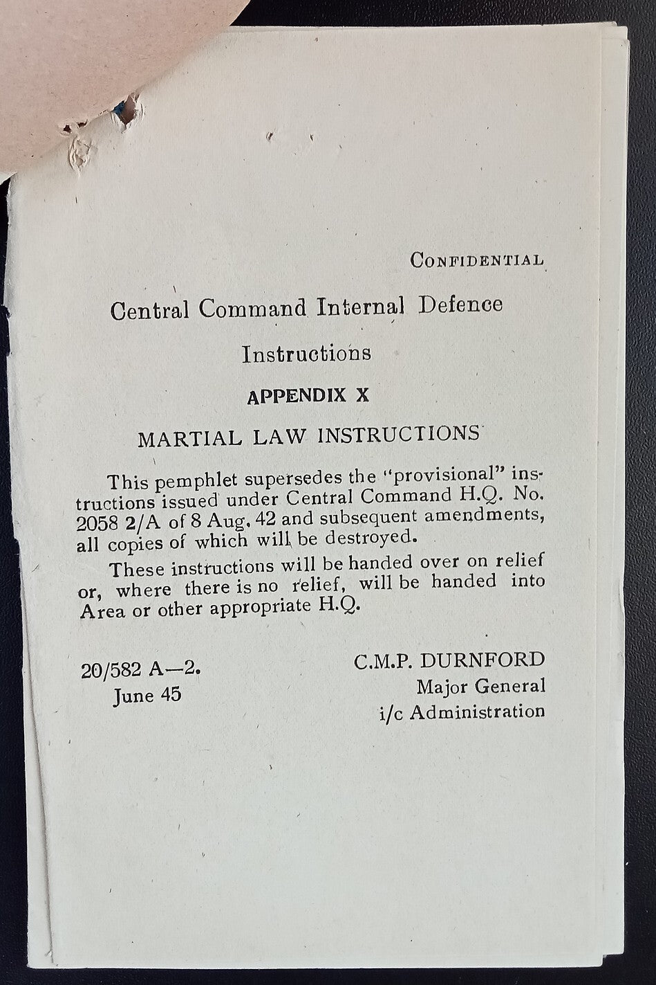 India 1946 CONFIDENTIAL booklet CENTRAL COMMAND MARTIAL LAW INSTRUCTIONS 21pgs