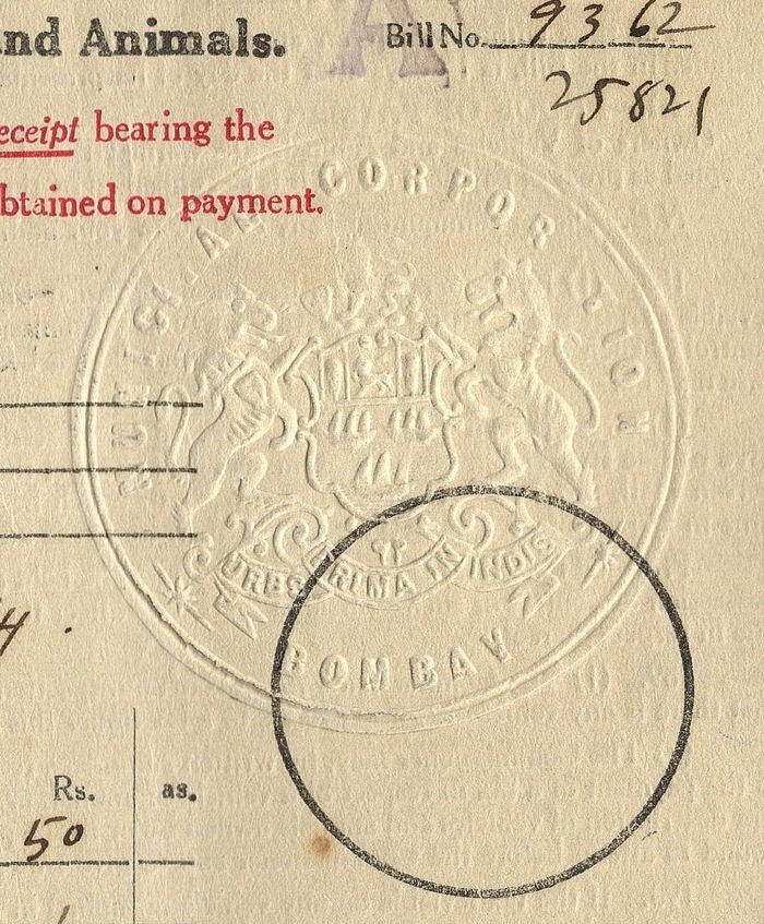 AOP India 1951 Bombay Municipal Corporation BILL FOR TAX ON VEHICLES AND ANIMALS