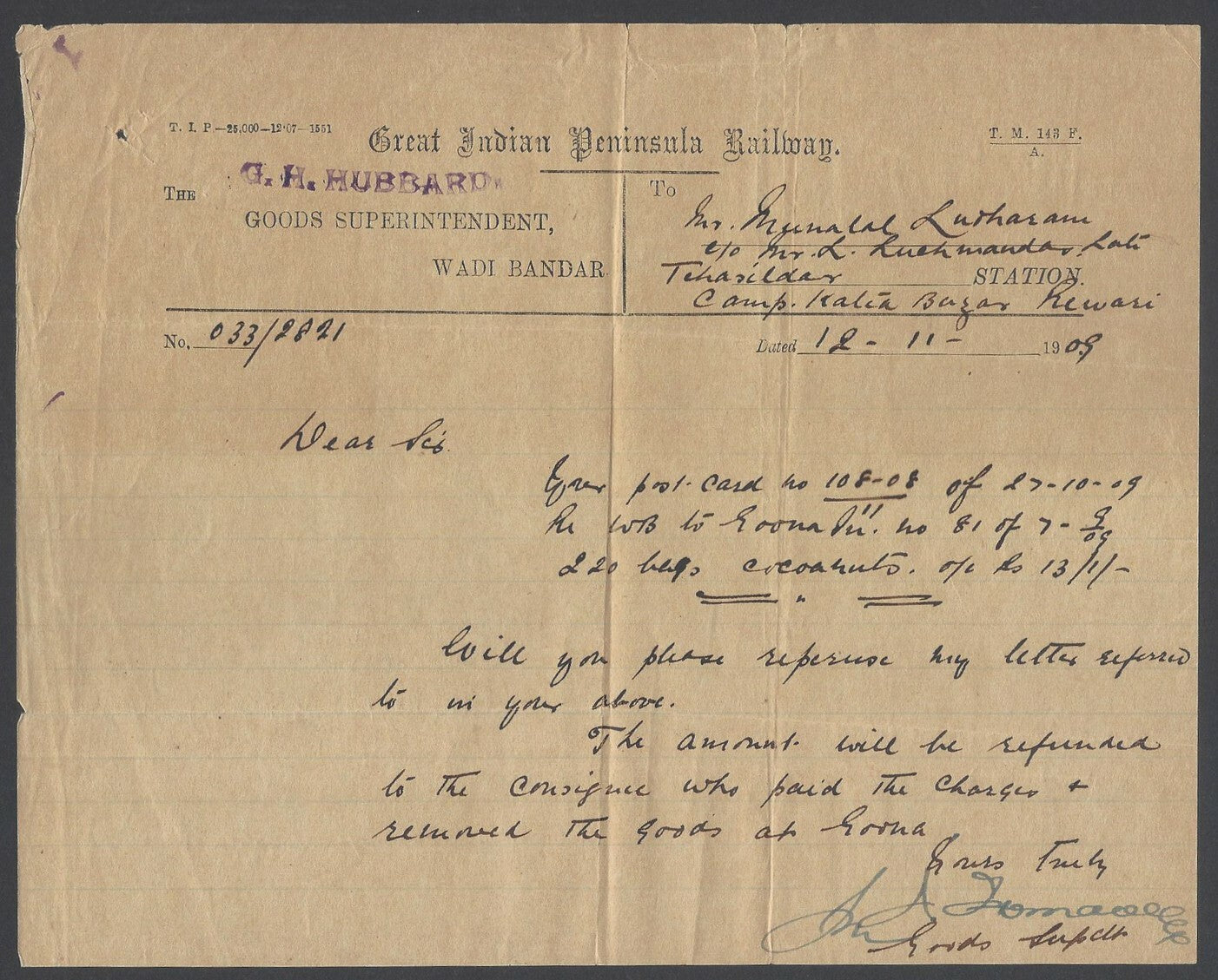 AOPIMT Great Indian Peninsula Railway 1909 intimation 