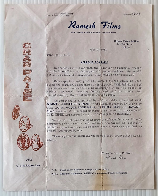 India Bollywood 1954 Distributor’s illustrated letter & envelope for CHAR PAISE 