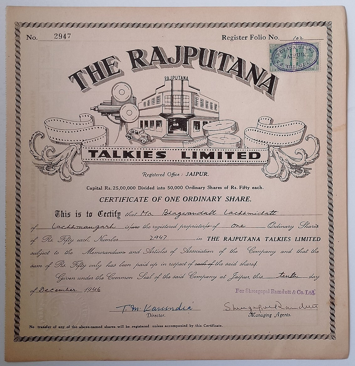 (AOP) India share certificate THE RAJPUTANA TALKIES LIMITED 1946