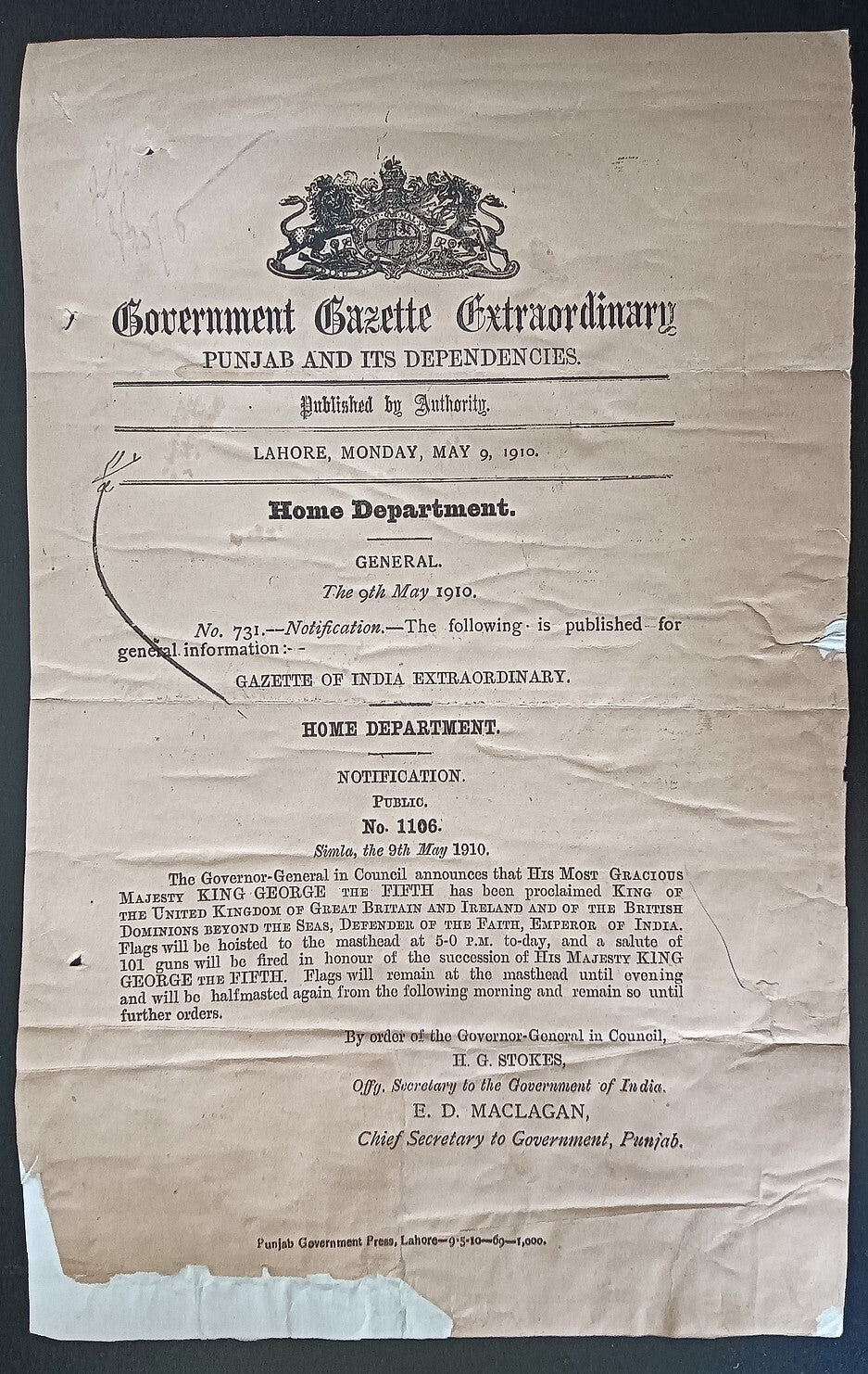 India 1910 Gazette notifying the the Crowning of King George V