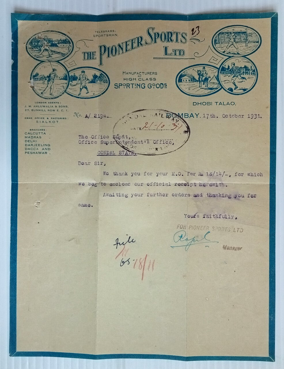 AOP India 1931 illustrated letterhead THE PIONEER SPORTS LTD Bombay