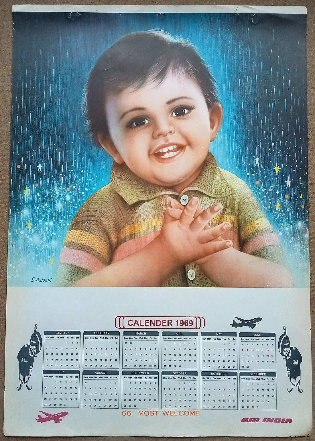 AIR INDIA 1969 poster calender 66 - MOST WELCOME - ARTIST : S. A. JOSHI - R
