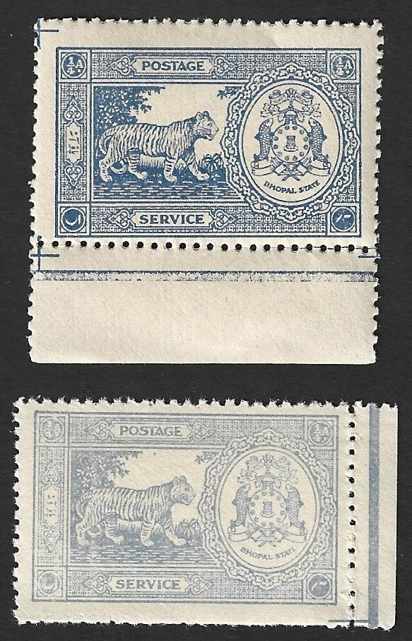 India BHOPAL State 1940 1/4a pale blue & deep blue TIGER MNH. SG O344 £20