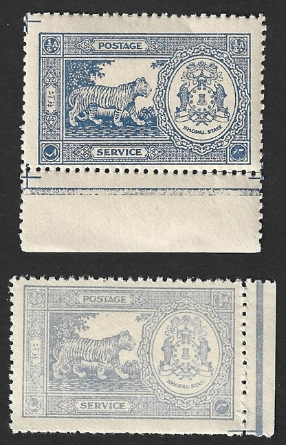 India BHOPAL State 1940 1/4a pale blue & deep blue TIGER MNH. SG O344 £20