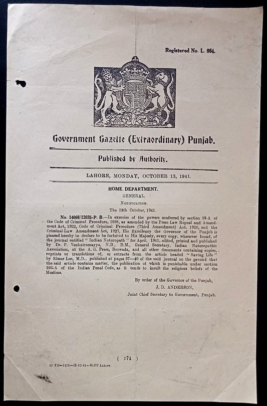 India 1941 gazette banning journal India Naturopath for insulting a religion