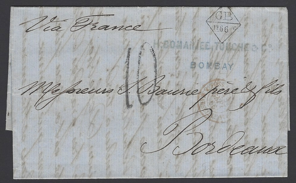 India 1866 stampless Bombay to France GB/LF 62 4/10c accountancy mark FA BOMANJE