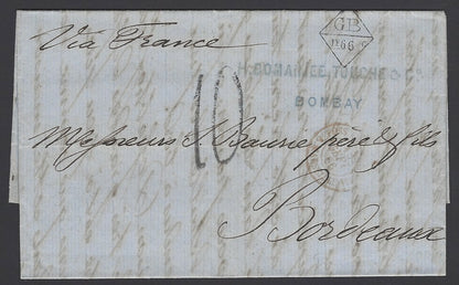 India 1866 stampless Bombay to France GB/LF 62 4/10c accountancy mark FA BOMANJE