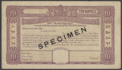 India 1936 Post Office Cash Certificate overprinte SPECIMEN