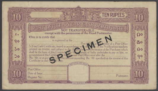 India 1936 Post Office Cash Certificate overprinte SPECIMEN