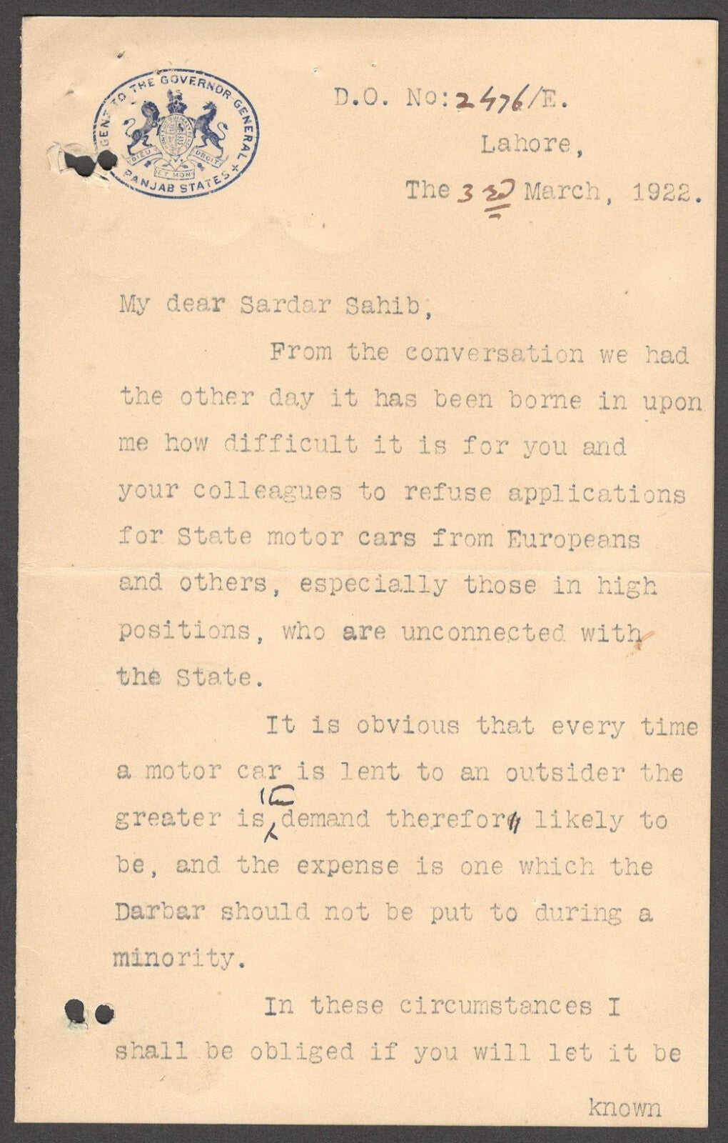India 1922 crested letter AGENT TO THE GOVERNOR GENERAL / PANJAB STATES Lahore