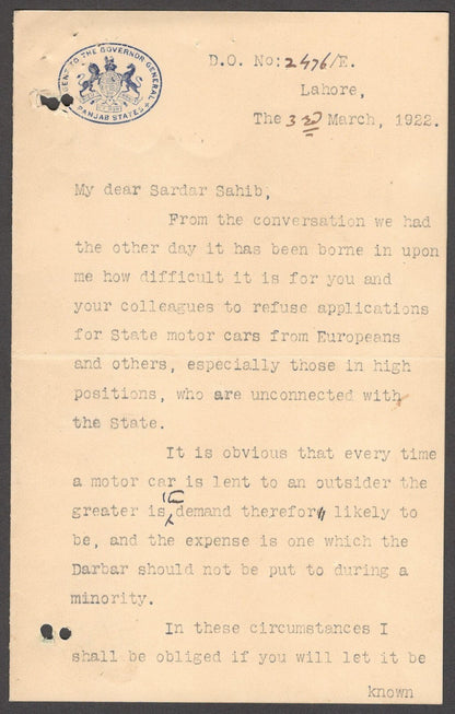 India 1922 crested letter AGENT TO THE GOVERNOR GENERAL / PANJAB STATES Lahore