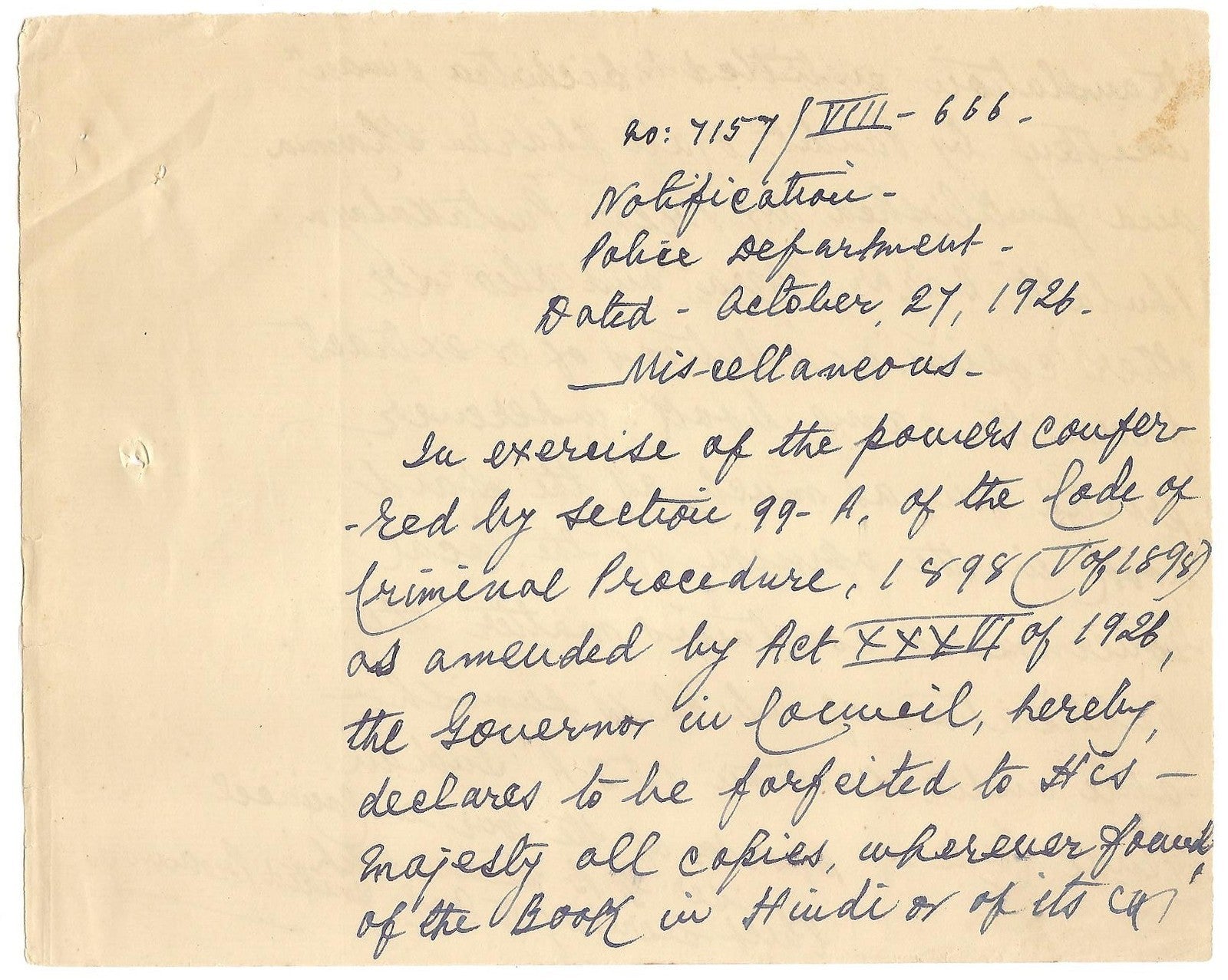 India 1926 MS BOOK BAN ORDER Vichitra or Bichitra Jivan by Kali Charan Sharma