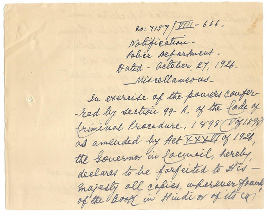 India 1926 MS BOOK BAN ORDER Vichitra or Bichitra Jivan by Kali Charan Sharma