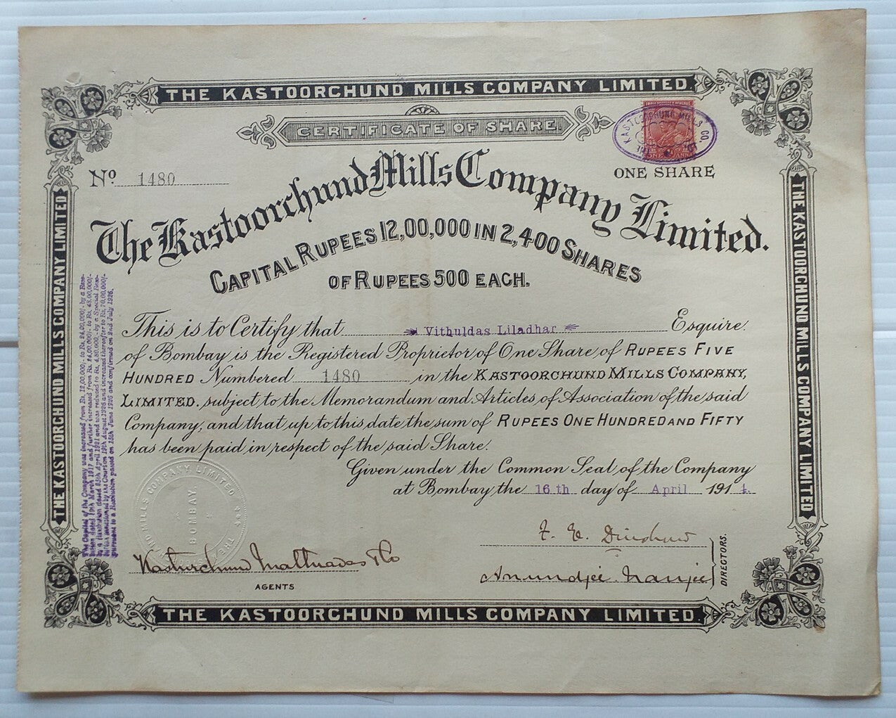 India THE KASTOORCHAND MILLS 1914 share certificate signed FE Dinshaw