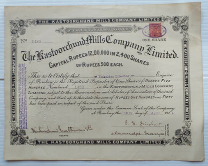 India THE KASTOORCHAND MILLS 1914 share certificate signed FE Dinshaw
