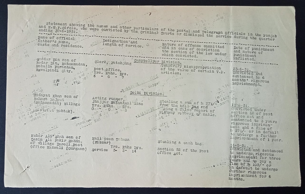 India 1931 PG'S POSTAL CIRCULAR List of convicted Postal Official & their crimes