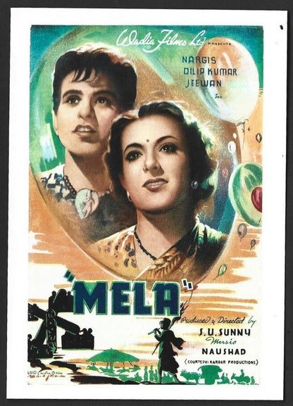 India Bollywood Wadia Movietone pc showing poster of MELA Dilip Kumar, Nargis