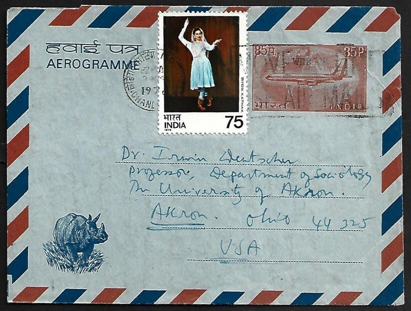 AOP India 85p Rhino aerogramme uprated 75p used 1976 to USA