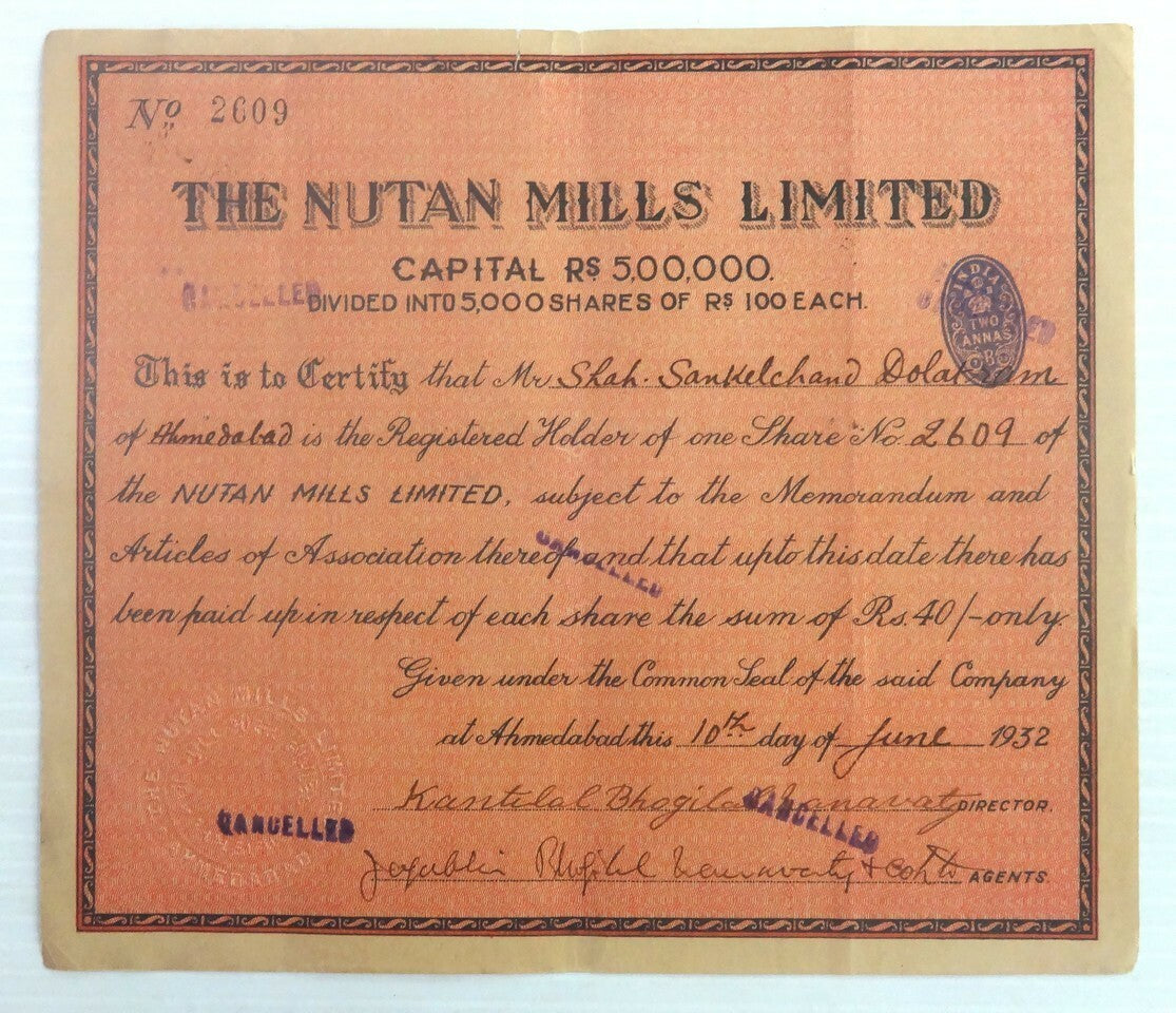 India 1932 Nutan Mills share certificate