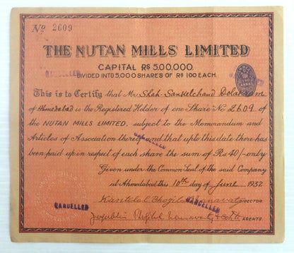 India 1932 Nutan Mills share certificate