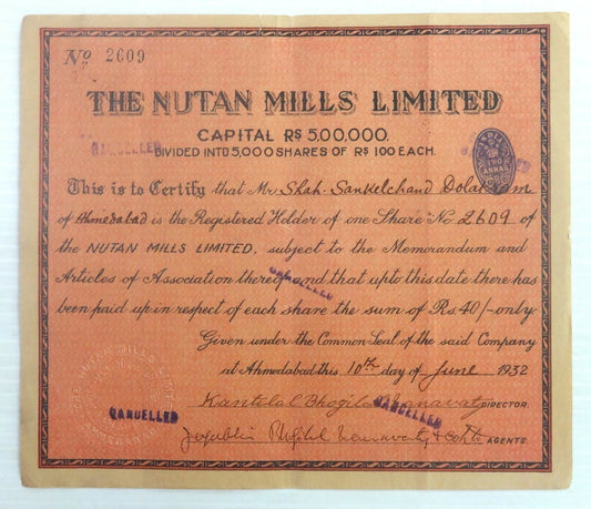 India 1932 Nutan Mills share certificate