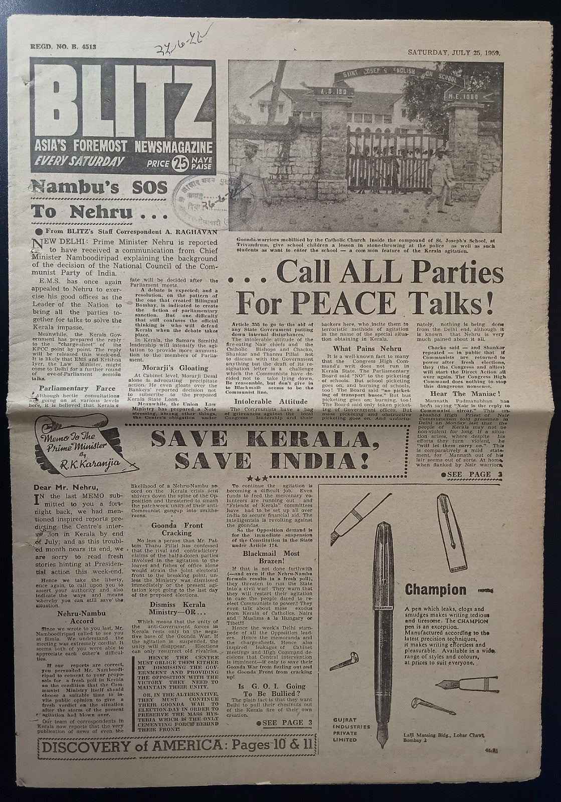 India BLITZ newspaper 1959 issue - HOLY CRUSADE GAINST COMMUNIST NO BELIEVERS