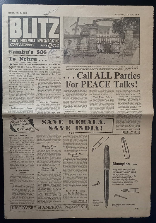 India BLITZ newspaper 1959 issue - HOLY CRUSADE GAINST COMMUNIST NO BELIEVERS