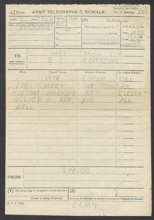 India WW1 Army Telegraphs & Signals – telegraph form 
