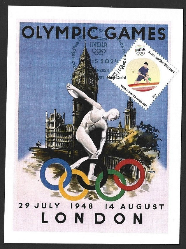 India 2024 Paris Olympics maxi card with 1948 London, UK Olympics cachet
