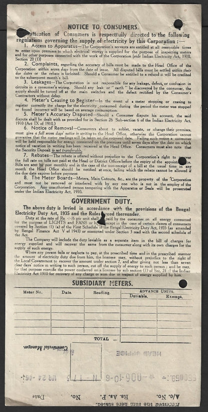 India CESB Calcutta Electric Supply Co. meter on 1946 bill